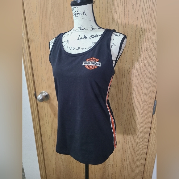 Harley Davidson Rhinestone Logo Striped Side Tank Top - Picture 1 of 5